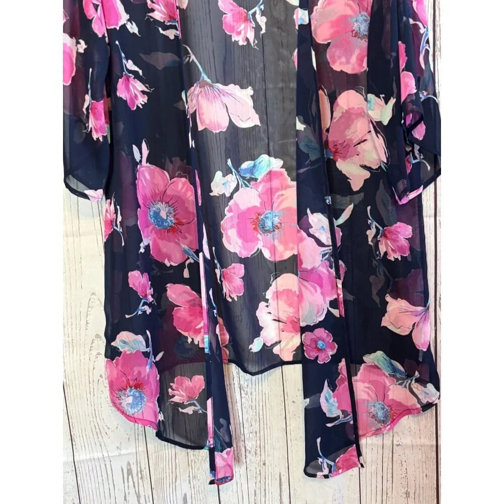 Emerald Blue & Pink Sheer Flowing Kimono Cardigan Cruise Party Jacket Medium